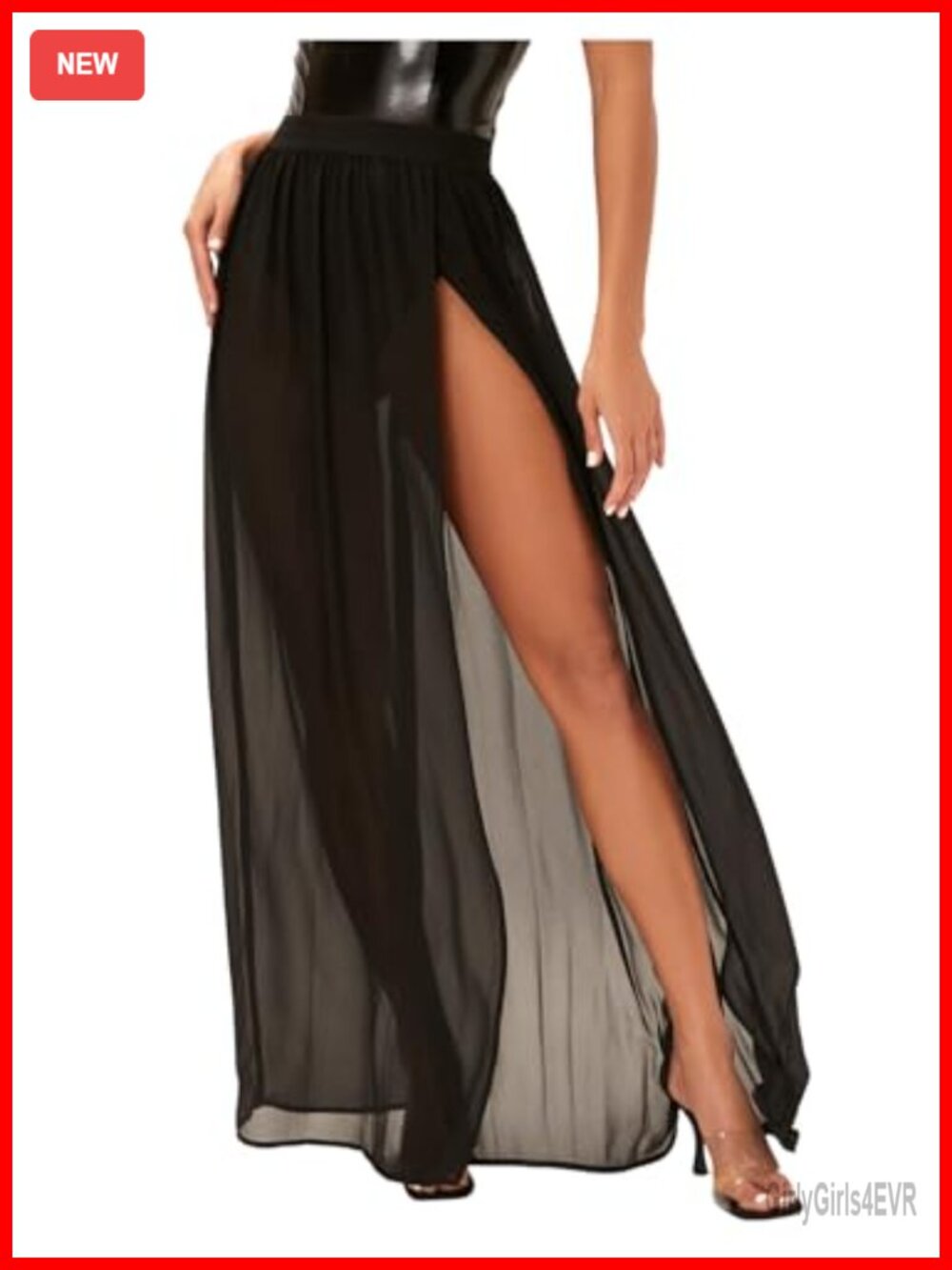Mesh Sheer Ruffle Maxi Skirt High Waist See Through Slit Thigh